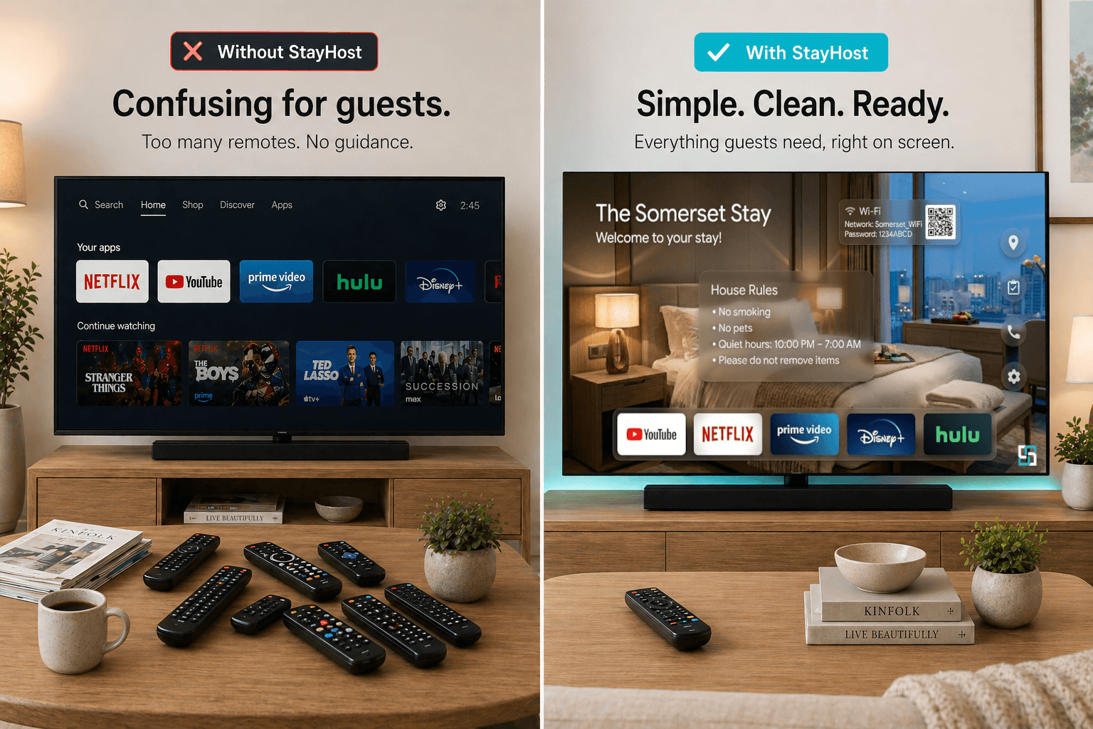 Before and after comparison of a confusing TV setup versus StayHost