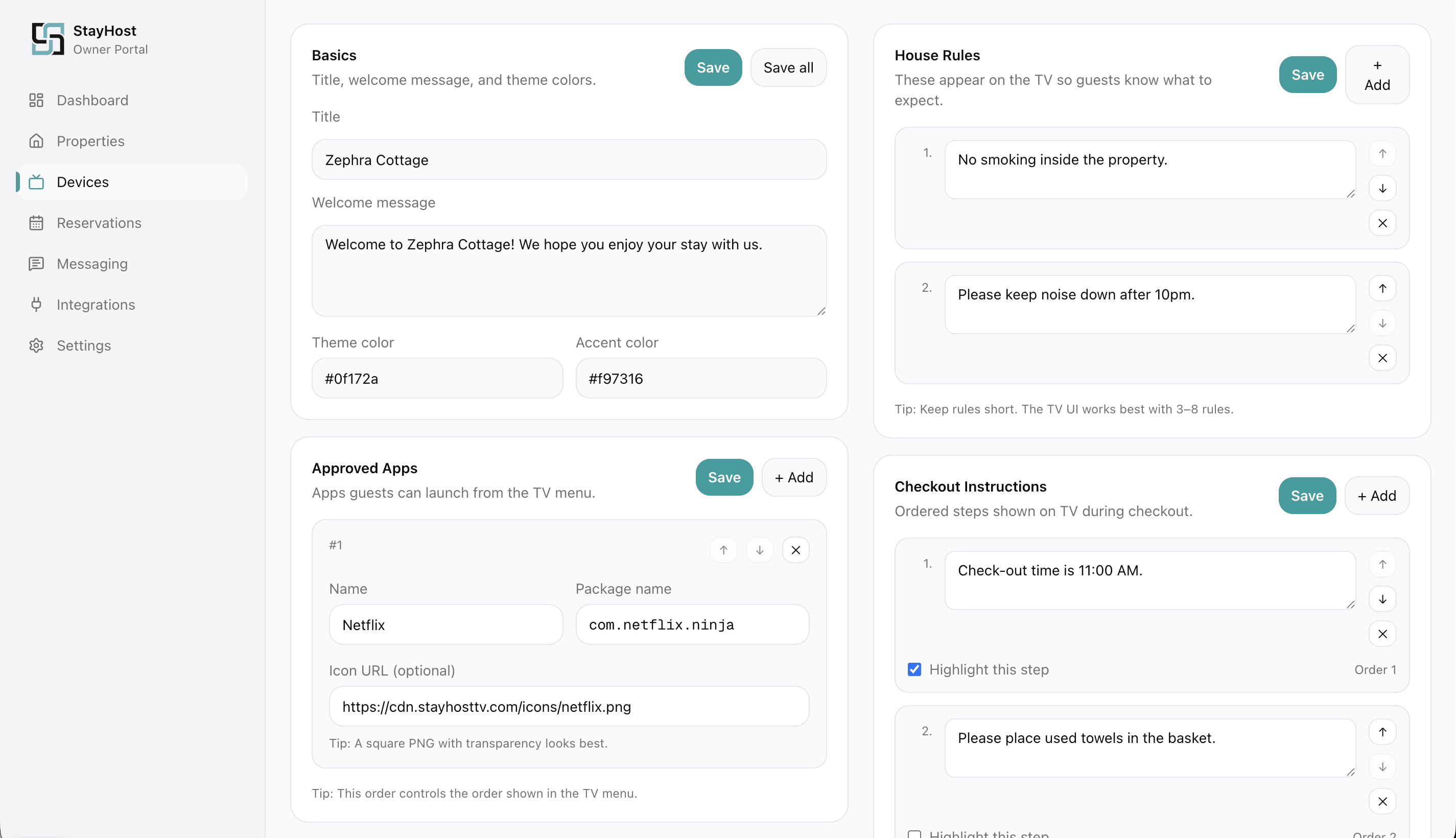 StayHost TV owner portal interface